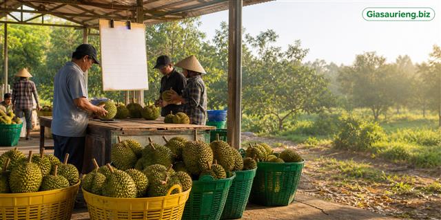 Điểm thu mua sầu riêng tại vườn và bảng ghi nhận giá tham khảo trên Giasaurieng.biz