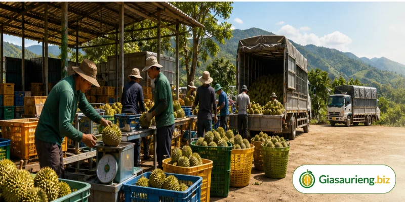 Nhà vườn và thương lái đánh giá chất lượng sầu riêng trước khi giao dịch