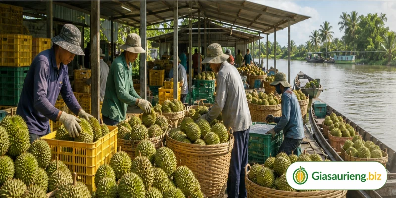 Nhà vườn và thương lái đánh giá chất lượng sầu riêng trước khi giao dịch