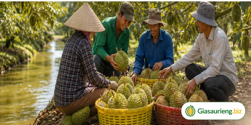 Nhà vườn và thương lái đánh giá chất lượng sầu riêng trước khi giao dịch
