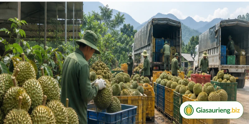 Nhà vườn và thương lái đánh giá chất lượng sầu riêng trước khi giao dịch