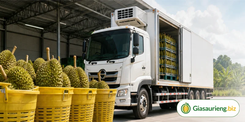 Nhà vườn và thương lái đánh giá chất lượng sầu riêng trước khi giao dịch