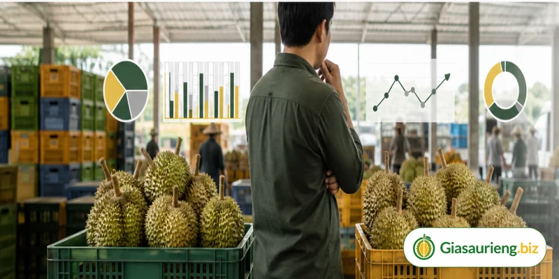 Nhà vườn và thương lái đánh giá chất lượng sầu riêng trước khi giao dịch