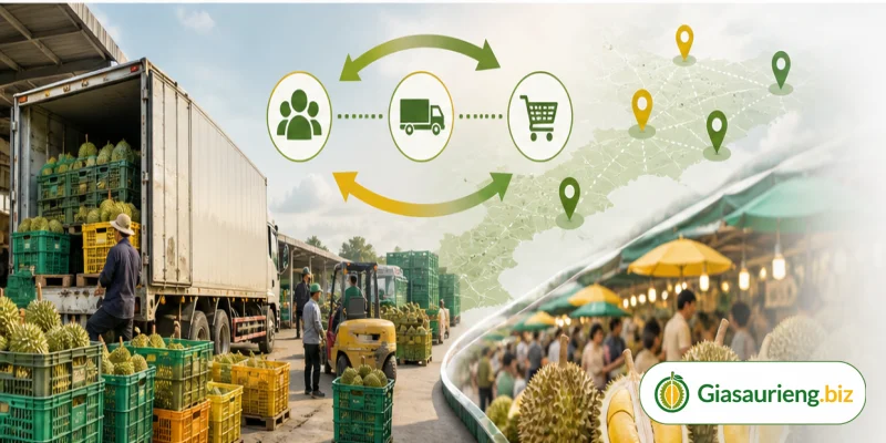 Nhà vườn và thương lái đánh giá chất lượng sầu riêng trước khi giao dịch